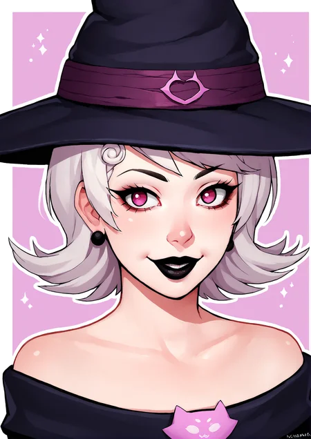 score_9, score_8_up, score_7_up, score_6_up, score_5_up, score_4_up, 2d, anime, anime artstyle, simple shadows, flat coloring, flat shadows, thick lines, white outline, <lora:Roxy_Lalonde_-_Homestuck__Variant_canon_outfits__SDXL_Pony:1> roxlal, 1girl, solo, looking at viewer, smile, short hair, hat, bare shoulders, jewelry, purple eyes, white hair, earrings, artist name, pink eyes, eyelashes, makeup, witch hat, watermark, lipstick, web address, black lips BREAK source_anime