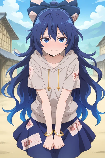 absurdres, highres, masterpiece, best quality, amazing quality, official anime artwork, screencap, anime screencap, outdoors, looking at viewer, dynamic pose, village, 
<lora:Shion-Yorigami-Illustrious:1> yorigami shion, 1girl, solo, blue eyes, blue hair, long hair,, hair bow, grey hoodie, short sleeves, blue skirt, bracelet, worried, wavy mouth,