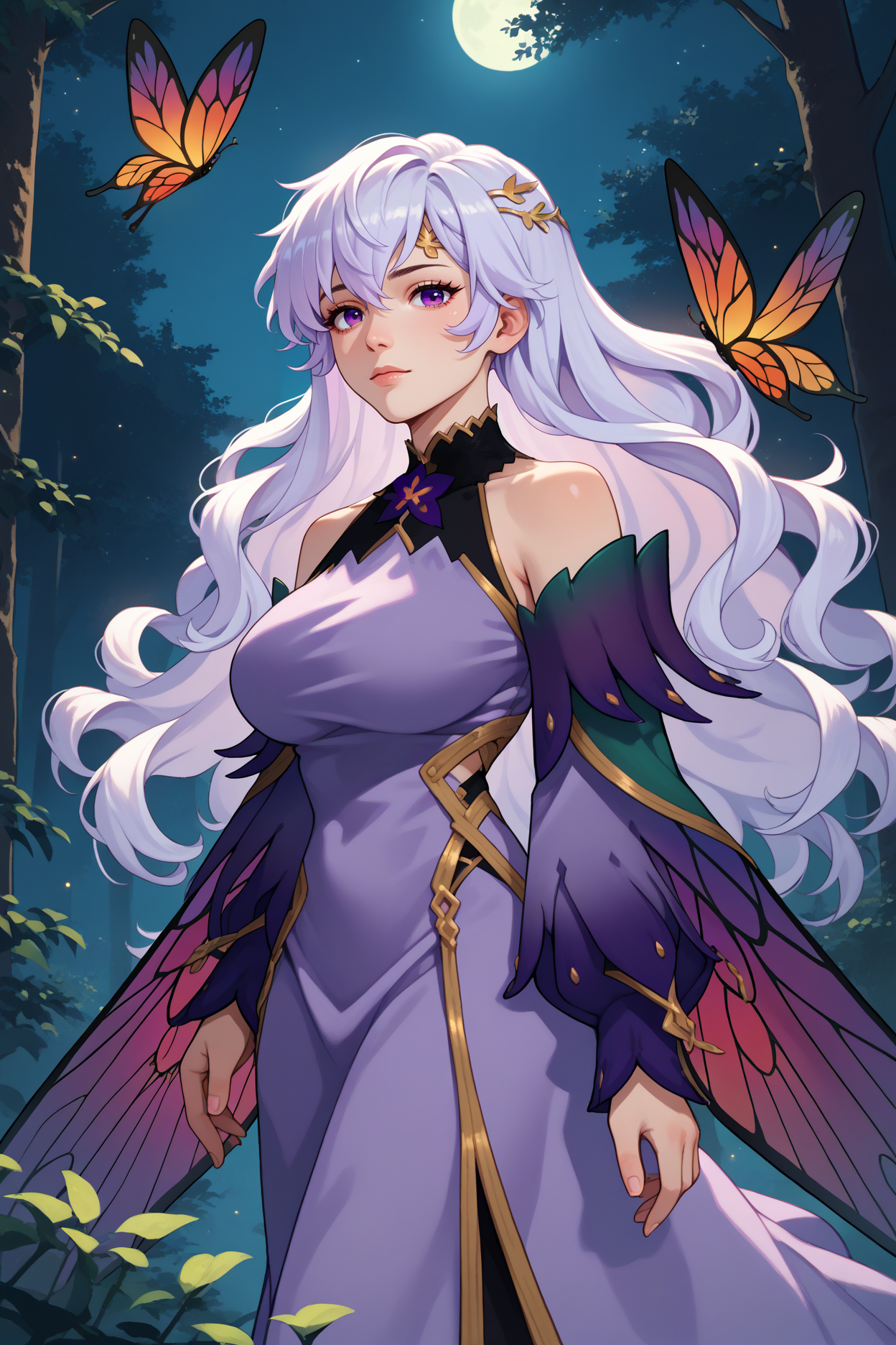 score_9, score_8_up, score_7_up, score_6_up, source_anime, 1girl, solo, <lora:fedeirdre-pdxl-nvwls-v1-000006:1> rspdrd, wavy hair, white hair, long hair, purple eyes, purple dress, bare shoulders, insect wings, gold hair ornament, purple sleeves, gradient clothes, big breasts, night, forest, looking at you