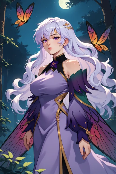 score_9, score_8_up, score_7_up, score_6_up, source_anime, 1girl, solo, <lora:fedeirdre-pdxl-nvwls-v1-000006:1> rspdrd, wavy hair, white hair, long hair, purple eyes, purple dress, bare shoulders, insect wings, gold hair ornament, purple sleeves, gradient clothes, big breasts, night, forest, looking at you
