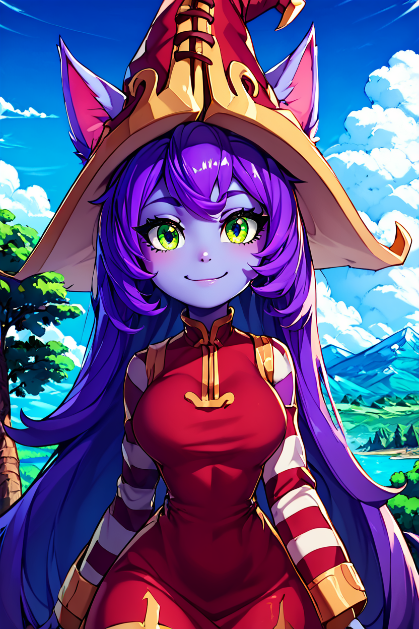 score_9, score_8_up, score_8, (big breasts), (curvy), cute, eyelashes,       BREAK, ,  <lora:LuluLeagueoflegendsPDXL:0.8>, zzLulu, long hair, bangs, animal ears, green eyes, purple hair, colored skin, purple skin, long sleeves, hat, dress, red dress, red headwear, ears through headwear, striped sleeves, yordle,, BREAK, looking at viewer, smile, outdoors, sky, day, cloud, tree, blue sky, mountain, cowboy shot, ,,, embedding:zPDXL, Expressiveh, <lora:Alola_Style_PDXL:1.0>,  <lora:CatalystStylePDXL:0.8>,  <lora:Expressive_H-000001:0.4>,