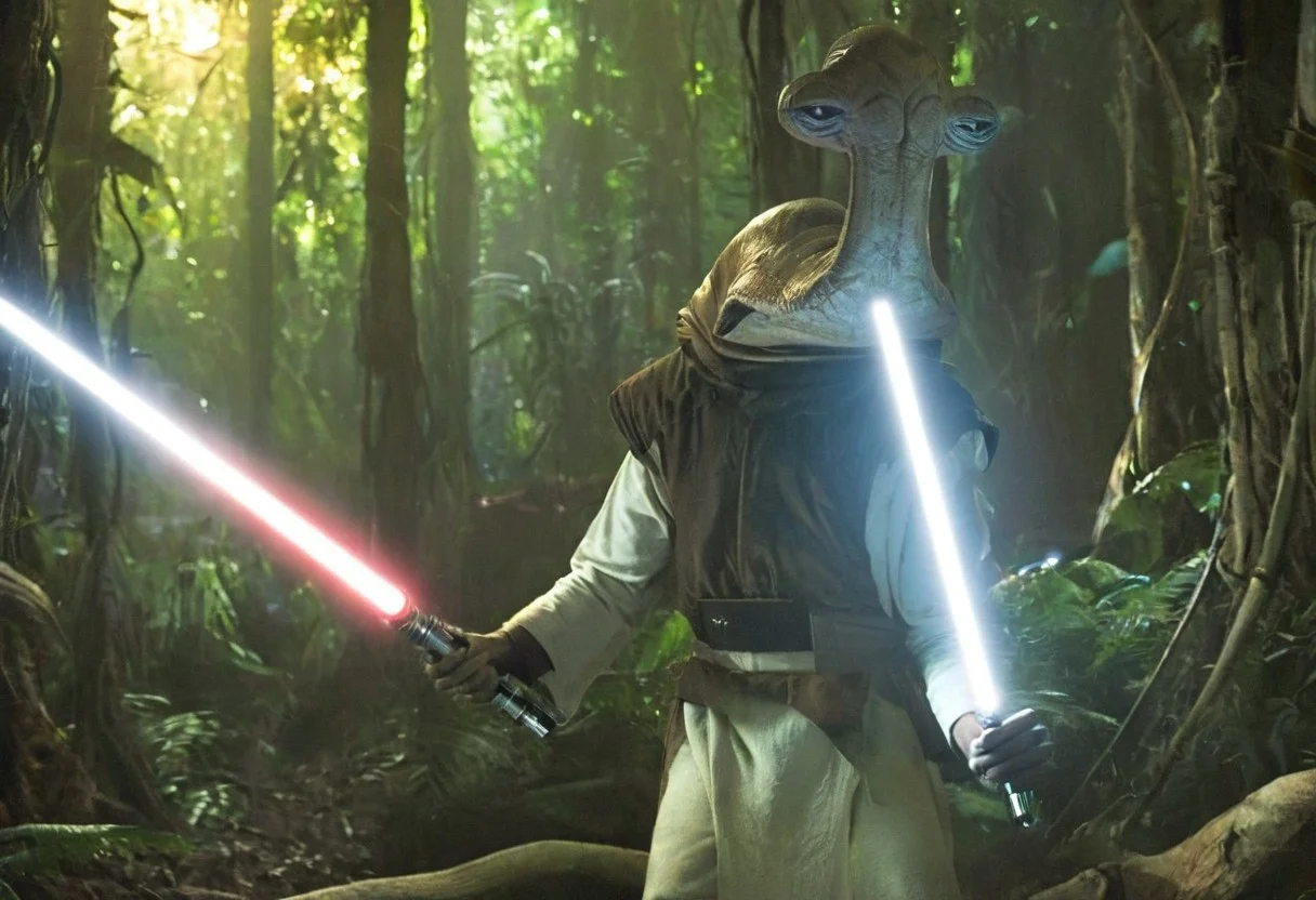 cinematic film style star wars style of an ithorian hammerhead alien, dynamic, moody, darkness, shadows, dark, sinister, pitch black, highly detailed, (Alien biomechanical futuristic cybernetic forest inside of a spaceship in background), shining heavy white armor, holding long brilliant glowing light saber, IMAX,
