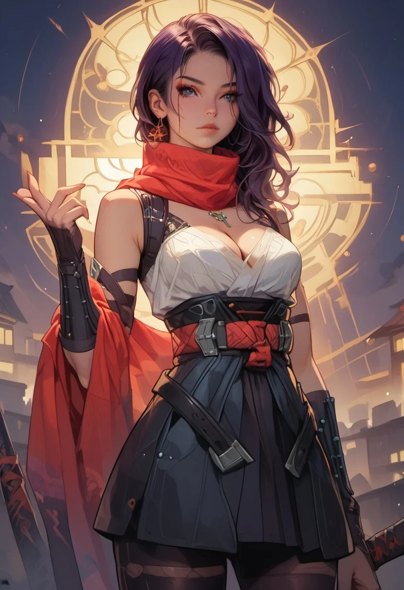 Stable_Yogis_PDXL_Positives, (score_9, score_8_up, score_7_up), source_nsfw, ((face focus, eye focus, dynamic angle, motion)), ((waist-up portrait)), 1girl, fantasy, ((pureerosface_xl, sinozick style, 4RCH0N)), extreme detail,
BREAK,
(1girl, solo), KDA akali, akali from league of legends, (high ponytail, purple hair, ninja, sleeveless, scarf, asymmetrical clothes, japanese clothes, chest sarashi, obi, o-ring, gauntlets, fingerless gloves, katana, thighhighs, toeless footwear, tabi), source-fantasy, jewelry, female focus, choker, eyeshadow, slim-thick body, cleavage, apart breasts, large breasts, tiny waist, wide hips, slender figure,
standing, ((slutty pose)), breathless intimacy, textured skin, leggings, petite model bombshell, delicate features, narrow pointy nose, tiny nose, lust, big eyes, seductive eyes, detailed skin, flared lashes, mascara, makeup, breasts, athletic body, narrow waist, wide hips, ((tiny waist)), slender figure, sensual gaze,
warm light, detailed, two arms, good hands,
BREAK,
milky way, runes, arcane, astral, surreal, ethereal glow, masterpiece, best quality, intricate design. colorful, fantasy city streets, evening, sunset light, moody whimsical color palette, bold soldering lines, volumetric light shining through, crepuscular rays, intricate craftsmanship, detailed texture, luminous transparency, reflective light play, vivid hues, atmospheric depth, enchanting silhouette, art nouveau,