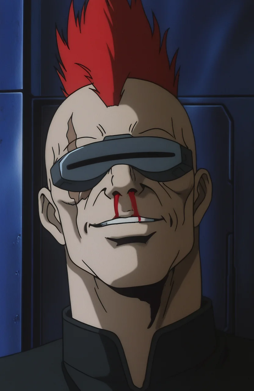 highly detailed, best quality, masterpiece, science fiction, anime screenshot, portrait,
mohawk, 1boy, solo, red hair, scar, facial hair, closed mouth, grin, head-mounted display, nosebleed, injured,
<lora:Cyber City Oedo 808 Illustrious 0.1:0.8>