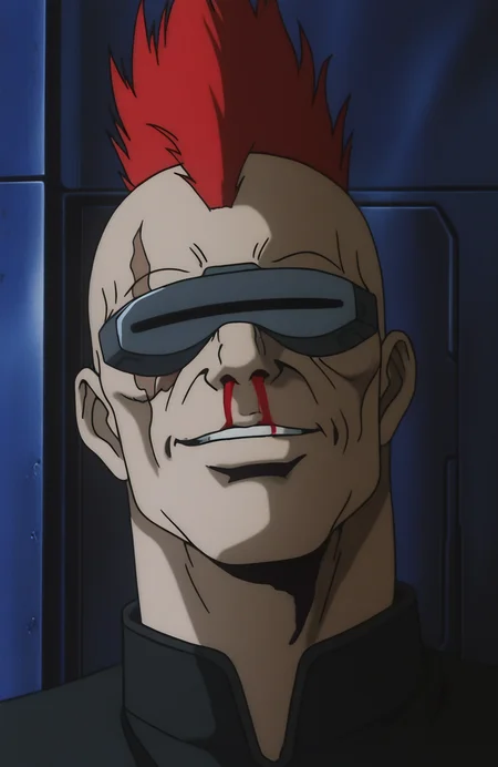 highly detailed, best quality, masterpiece, science fiction, anime screenshot, portrait,
mohawk, 1boy, solo,  red hair,  scar, facial hair, closed mouth, grin, head-mounted display, nosebleed, injured, 
 <lora:Cyber City Oedo 808 Illustrious 0.1:0.8>
