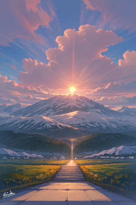 PDXL, source_anime, <lora:AlpcmasV1:1>, alpcm4s, landscape,
snowy mountain, sun behind it, clouds,
volumetric reflections, volumetric shadows, HDR, shot on Canon DSLR