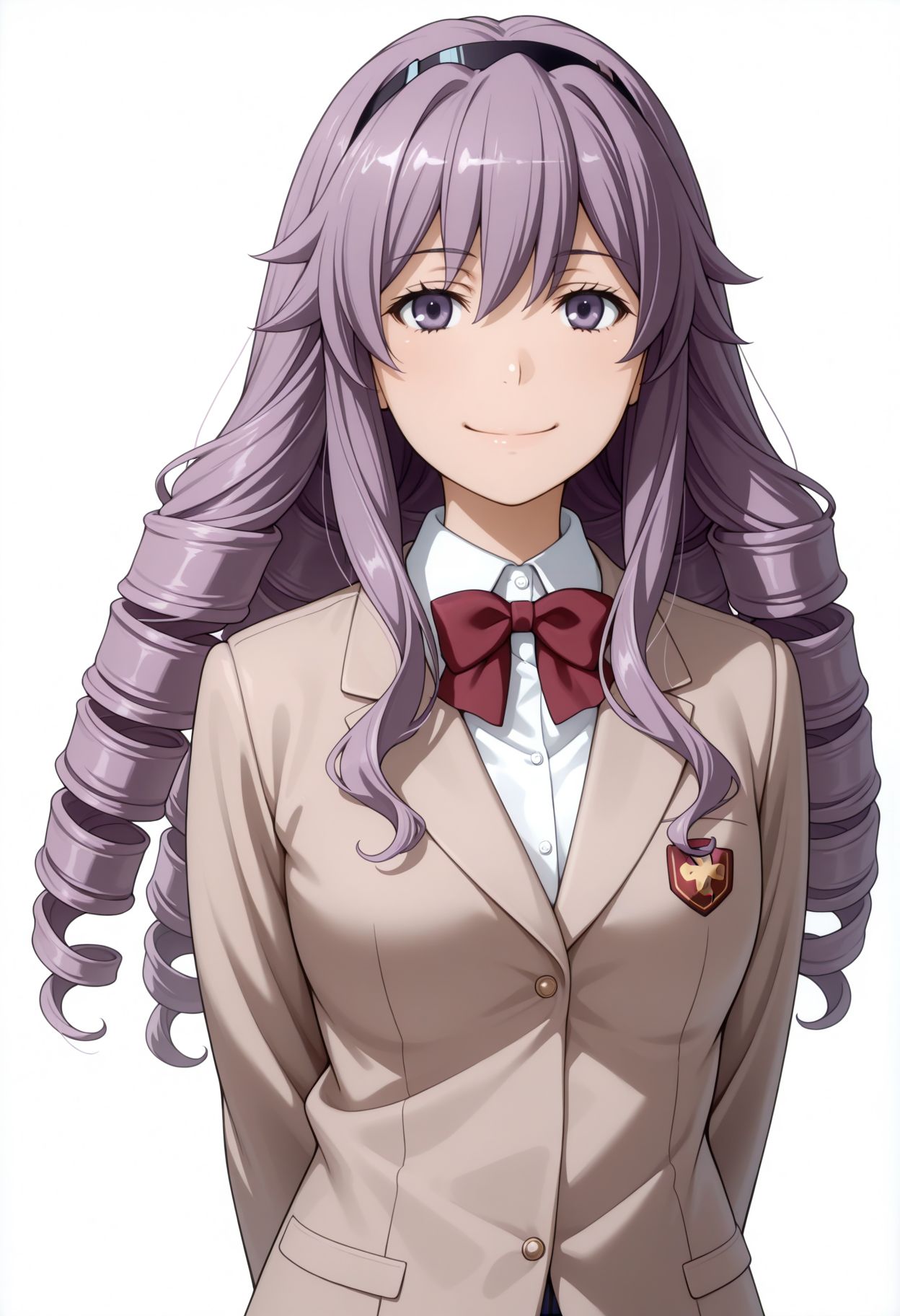 masterpiece, best quality, highres, absurdres, very awa, 1girl,
 <lora:Hokaze Junko illu_2:1> 1girl, long hair, purple hair, hairband, purple eyes, drill hair, 
tokiwadai school uniform, winter uniform, red bowtie, brown jacket, dress shirt, white shirt, collared shirt, long sleeves, plaid skirt, pleated skirt, miniskirt,
arms behind back, smile, upper body, looking at viewer, solo, simple background, white background