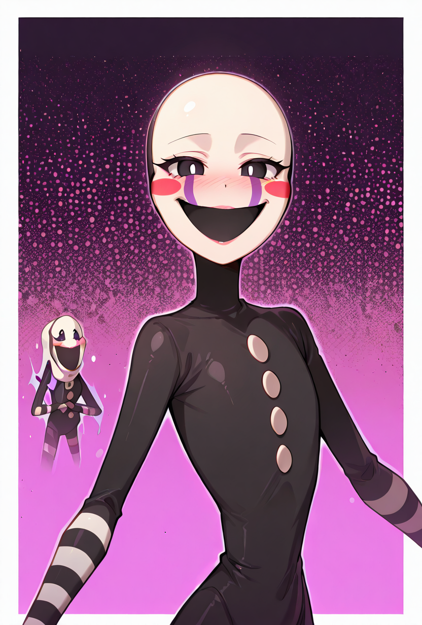 looking at viewer, expressive,   posing,    , <lora:puppet-10:1> puppet, solo, 1girl, mask, black bodysuit, smile, open mouth, blush stickers, striped, purple tear streaks, masterpiece, best quality, amazing quality, very aesthetic, absurdres, newest,, upper body, halftone effect, white borders, abstract background:1.2,