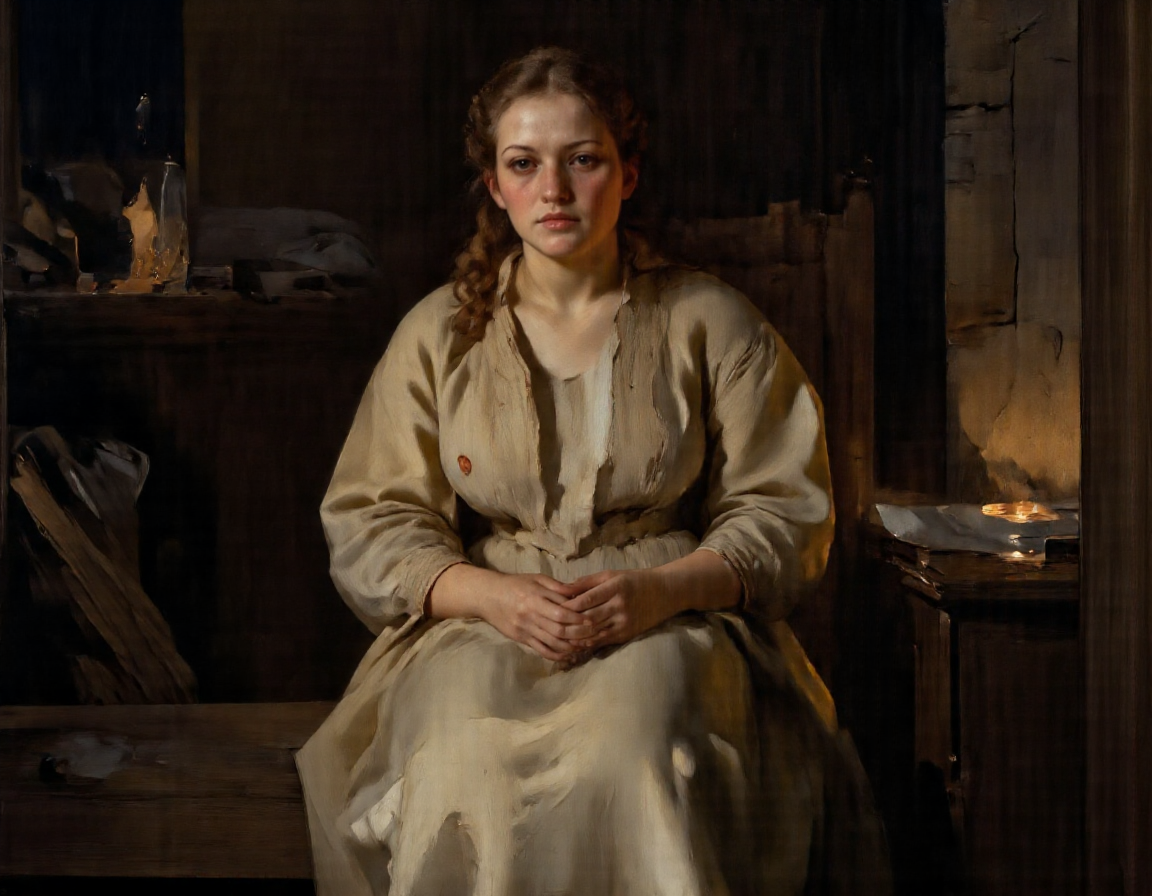 UHD, 8K, ultra detailed, a cinematic photograph of Rembrandt style Rembrandt style full body shot of, <lora:SuperModel-V8:0.5>, This is a highly emotive, realistic oil painting that captures the raw vulnerability of a woman sitting in near-total darkness, her presence both intimate and profound. The scene invites viewers into her private moment of weariness, creating an unspoken connection through her steady gaze., Subject Description, Figure : The woman has a full-bodied frame, with soft curves that reflect strength and warmth. Her posture conveys exhaustionâslightly slouched but still upright, as if sheâs trying to maintain dignity despite her fatigue. Her small breasts are natural and unaltered, adding to the authenticity of her form., Skin Tone & Complexion : Her skin glows faintly under the dim light, revealing subtle imperfections such as faint freckles or lines around her eyes, which enhance her humanity. A pale sheen of sweat glistens on her forehead, hinting at physical exertion or emotional strain., Hair : Her hair falls loosely over her shoulders, framing her face in a way that draws attention to her expression. It may be slightly disheveled, reflecting her state of mind., Expression, Her face carries a look of quiet contemplation mixed with exhaustion. Her eyes, though weary, lock onto the viewer with unwavering intensity, creating a sense of intimacy and shared understanding. Thereâs no smile, nor frownâjust a neutral yet deeply meaningful stare that feels almost confrontational in its honesty., Pose, She sits directly facing the viewer, knees bent and feet flat on the ground. Her arms rest lightly on her thighs, fingers relaxed but not entirely limp. This straightforward pose emphasizes her openness and vulnerability, inviting the audience to meet her gaze without distraction., Lighting & Background, The setting is shrouded in deep shadows, with only a minimal source of light illuminating her figure from the front. This could be a single candle or the faint glow of moonlight filtering through a nearby window. The background is almost entirely obscured by darkness, allowing the woman to dominate the composition. However, hints of textureâa rough stone wall or worn wooden floorâcan peek through the shadows, grounding the scene in reality., Atmosphere, The mood is introspective and somber, underscored by the stark contrast between her illuminated form and the surrounding gloom. The absence of color (apart from the warm tones of her skin) enhances the sense of isolation and focus, drawing all attention to her presence and expression., Details, Texture : Pay close attention to the textures of her skin, hair, and the surfaces around her. Every wrinkle, strand of hair, and grain of wood should feel tangible, pulling the viewer deeper into the scene., Color Palette : Use muted earthy tonesâsoft browns, grays, and creamsâfor her skin and surroundings. Any highlights should remain subtle, preserving the subdued atmosphere., Emotional Weight : Convey her weariness not just through her posture but also through her facial musclesâthe slight sagging of her eyelids, the gentle tension in her jaw, and the way her lips part ever so slightly as if sheâs about to speak but holds back., Overall Style, The painting adheres to the principles of classical realism, focusing on precise anatomy and lifelike detail while infusing the piece with modern psychological depth. Its simplicity belies its complexity, offering layers of meaning for those who take the time to engage with it fully., . Whole outfit, clear, sharp, balanced . Baroque, chiaroscuro, realistic, emotional, "flat lighting, <lora:Guin-FluxX:0.5>, Guin, <lora:anderszorn1_cap_d6a3:1> . Baroque, chiaroscuro, realistic, emotional, "flat lighting, beautiful lighting, great composition