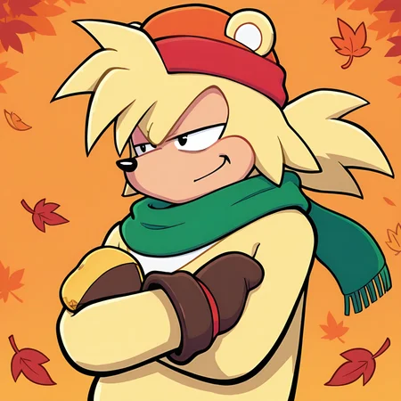 <lora:Bark_the_Polarbear_Sonic_the_Hedgehog_-_Illustrious:1> Bark the Polar bear, 1boy, green scarf, orange beanie, mittens, smirk, medium shot, crossed arms, annoyed, eye roll, autumn background, leaves, windy, masterpiece