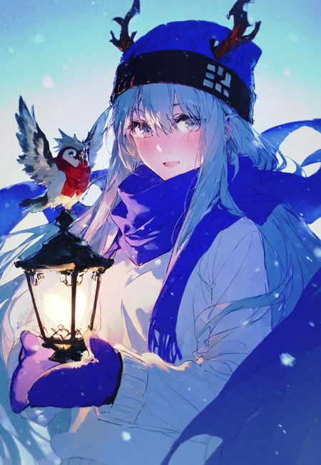 (rella:1.2), fate \(series\), fate/grand order, louhi \(fate\), louhi \(second ascension\) \(fate\), 1girl, antlers, aqua eyes, aqua hair, beanie, bird, blue hat, blue scarf, blush, breasts, hair between eyes, hat, horns, lamp, long hair, long sleeves, looking at viewer, mittens, open mouth, purple mittens, scarf, small breasts, smile, snow, solo, sweater, white sweater, light, light particles