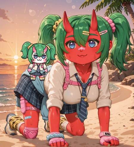 (dance, sparkling, happy, smile:1.2), (doro, :3, chibi, no pupils, solid circle eyes, full body, white skin, all fours, depth of field, bokeh, sunset, golden hour, beach, sand, palm tree, ocean, rocks, detailed background:1.5), fortnite_nemia, 1girl, solo, green hair, twintails, ponytail, long hair, bangs, hair between eyes, hair over one eye, ears, horns, oni horns, single horn, red skin, pink skin, blue eyes, parted lips, bandaid, bandaid on nose, bandaid on thighs, breasts, shirt, school uniform, necktie, plaid skirt, thighhighs, socks, loose socks, boots, jewelry, earrings, bracelet, charm, belt, gloves, fingerless gloves, knee pads, leg warmers, collarbone, solo, colored skin, hair ornament, hairclip, scrunchie, holster, striped necktie, clothes around waist, oni, plaid, charm (object), blue necktie, sweater around waist, animal print, heart, shoes, star (symbol), thigh holster, (female focus, female_focus, sweating, sweat:1.8),  <lora:Fortnite_Nemia_Demonically_Cute_Set_ILXL_E41_16_DIM:0.7>, <lora:dmd2_sdxl_4step_lora:1>  <lora:doro_xypher_ixl_v1:1>