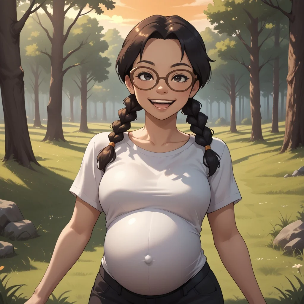 score_9, score_8, BREAK, solo, mii, wii, black eyes, brown glasses, small nose, half circle nose, big mouth, open mouth, teeth, mole under mouth, black hair, low braids, white clothing, black pants, shoes, blush, 1girl, female mii, cute, medium breasts, keiko_(\Wii_Sports\), wii Sports, Nintendo Mii, modern_mii, classic_mii, pregnant, adult female, mature female, sexy pose, self portrait, smile, outdoors, sunlight, shadows, evening lighting, natural lighting, forest, trees, grass, orange sky, sunset,