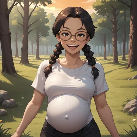 score_9, score_8, BREAK, solo, mii, wii, black eyes, brown glasses, small nose, half circle nose, big mouth, open mouth, teeth, mole under mouth, black hair, low braids, white clothing, black pants, shoes, blush, 1girl, female mii, cute, medium breasts, keiko_(\Wii_Sports\), wii Sports, Nintendo Mii, modern_mii, classic_mii, pregnant, adult female, mature female, sexy pose, self portrait, smile, outdoors, sunlight, shadows, evening lighting, natural lighting, forest, trees, grass, orange sky, sunset,