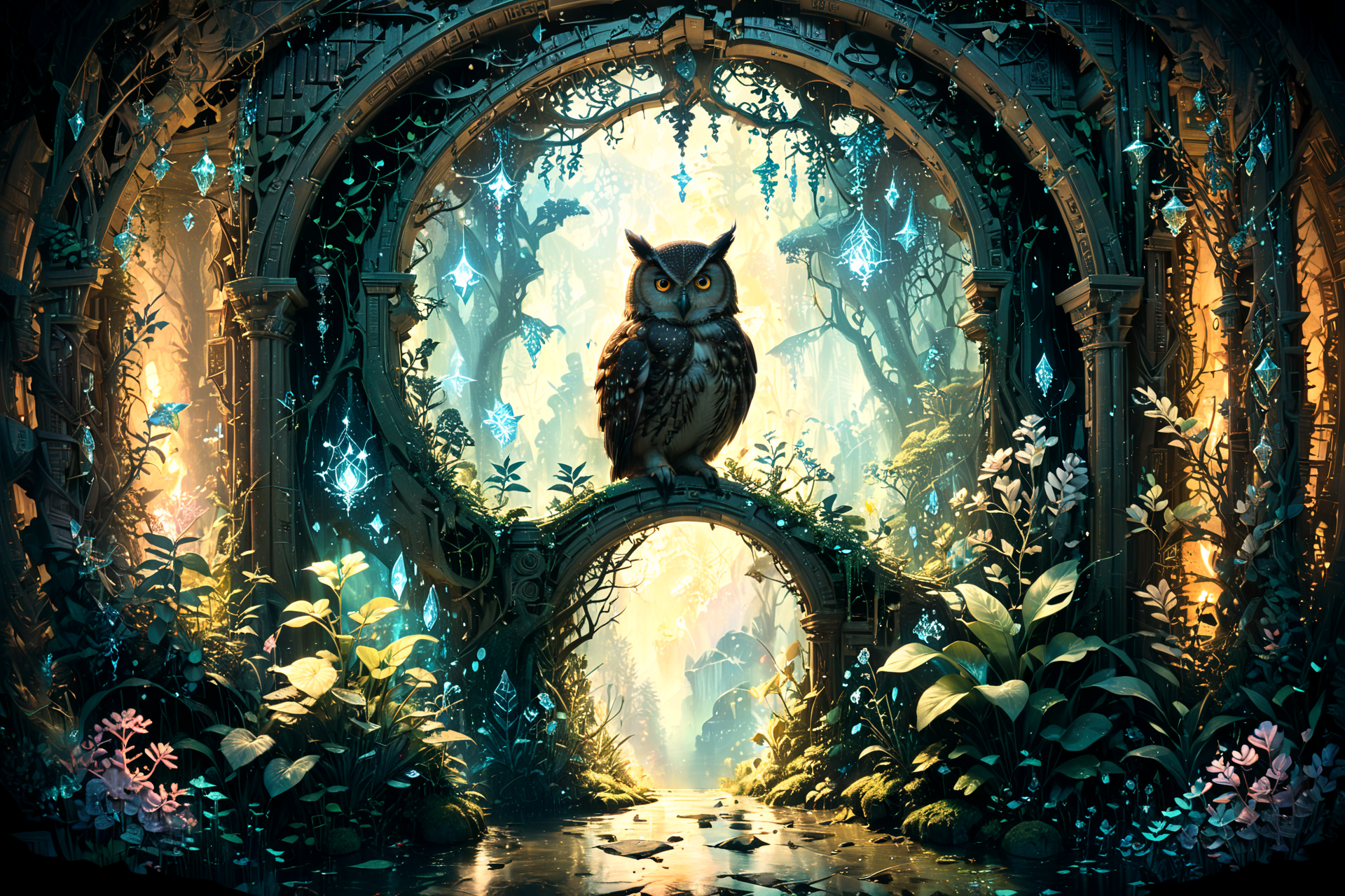 An ancient library hidden within an enchanted forest, illuminated by bioluminescent plants and floating crystals, as seen through the eyes of a curious owl at twilight. <lora:Lost_In_Dreams:0.7> <lora:xl_more_art-full_v1:0.6>, (masterpiece:1.2), best quality, (hyperdetailed, highest detailed:1.2), high resolution textures