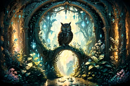 An ancient library hidden within an enchanted forest, illuminated by bioluminescent plants and floating crystals, as seen through the eyes of a curious owl at twilight. <lora:Lost_In_Dreams:0.7> <lora:xl_more_art-full_v1:0.6>, (masterpiece:1.2), best quality, (hyperdetailed, highest detailed:1.2), high resolution textures