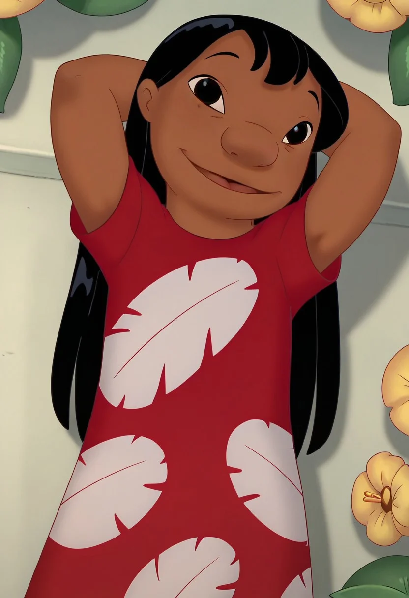 Adult, solo, lilo_pelekai, dark skin, black hair, long hair, black eyes, red dress, arms behind head, on back, flowers, looking at viewer, smile, white wall