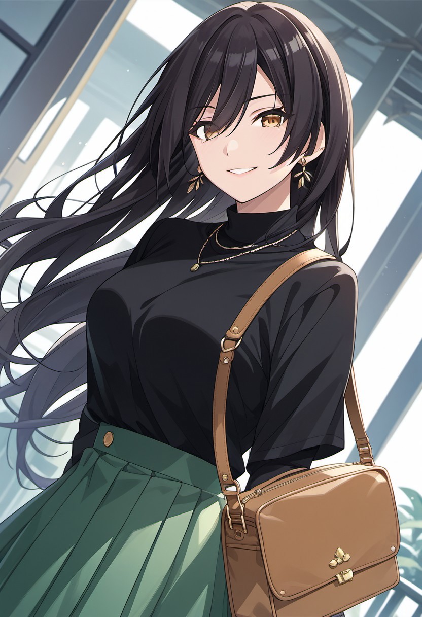 score_9, score_8_up, score_7_up, source_anime, shirase sakuya, black hair, long hair, yellow eyes, 1girl, skirt, solo, black shirt, bag, shirt, jewelry, smile, green skirt, earrings, looking at viewer, dutch angle