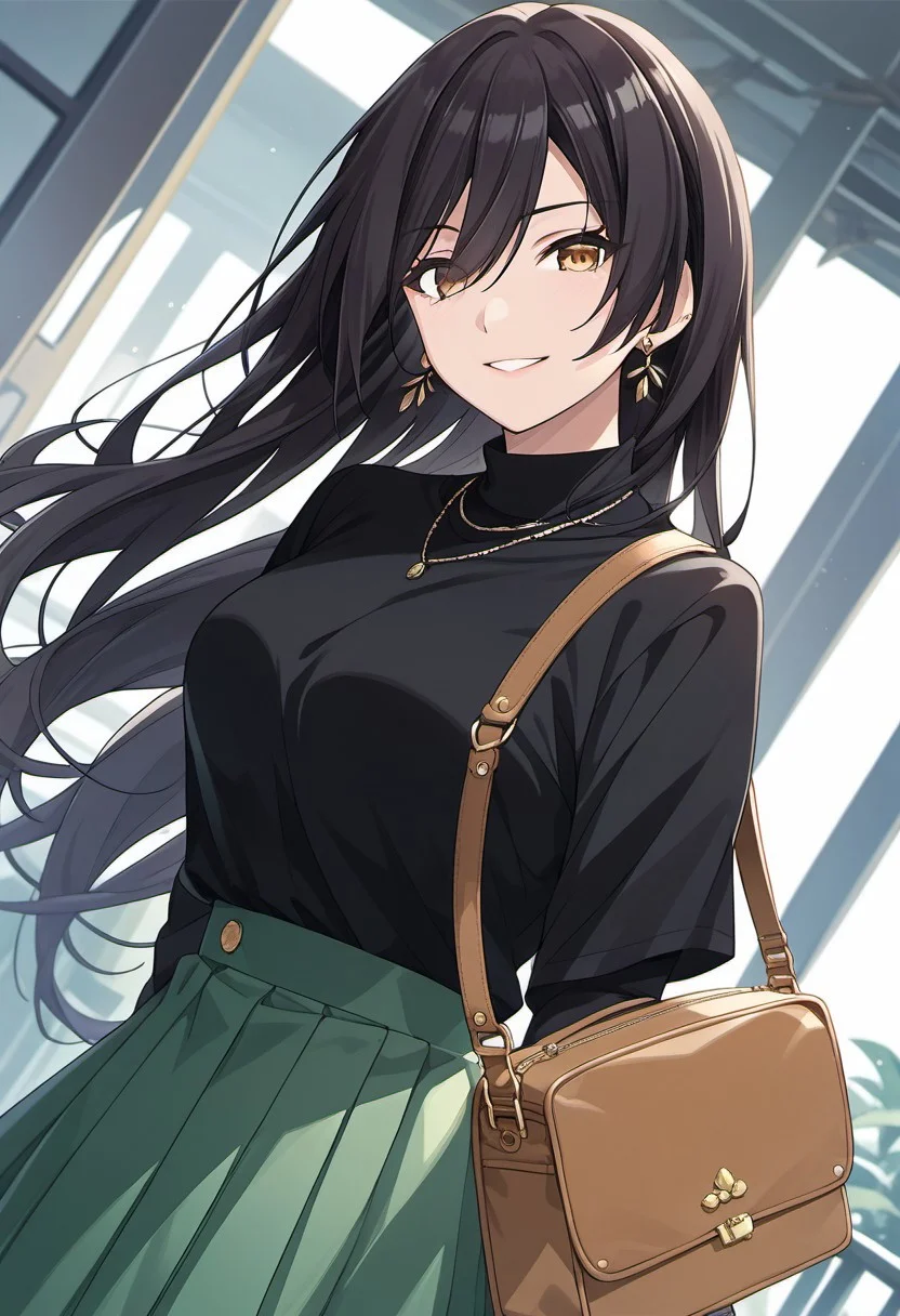 score_9, score_8_up, score_7_up, source_anime, shirase sakuya, black hair, long hair, yellow eyes, 1girl, skirt, solo, black shirt, bag, shirt, jewelry, smile, green skirt, earrings, looking at viewer, dutch angle