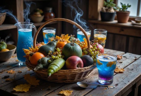 Create a detailed UHD image featuring a rustic wooden table inside a cozy cabin. on the table is a basket overflowing with exotic alien fruits from another planet. The fruits should have unique and vibrant colors, unusual shapes, and intriguing textures, showcasing their otherworldly origins. Include fruits that combine a smooth, banana-like shape with a juicy, tomato-like texture, glowing translucent grapes in shades of blue and green, an icy cantaloupe with minty green flesh, star-shaped limes with a shiny green exterior, a deep violet pod with creamy purple pulp, and metallic apples with an iridescent sheen. Next to it is a jug with oddly shaped glasses containing a blue, sparkling drink. Foam and wispy smoke rise from the glasses. The setting should evoke a warm, inviting atmosphere with the contrast between the earthy wooden table and the vivid, fantastical fruits. cinematic
Midjourney_Whisper
