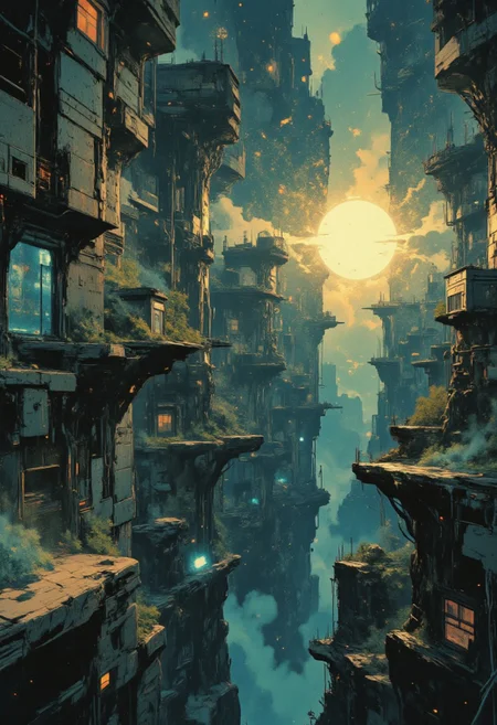A breathtaking, hyper-detailed masterpiece, HD, 8K quality, A vast, cylindrical world floating in the darkness of space, with its inner walls lined with futuristic houses, glowing softly in hues of blue, white, and gold. Each house clings to the curved walls, interconnected by intricate bridges and networks of floating pathways. The center of the cylinder features a glowing artificial sun, casting dynamic, diffused lighting that creates long shadows and highlights the metallic textures of the structures. In the background, stars and nebulae shimmer faintly, adding depth to the cosmic setting. The scene captures a cinematic feel with a wide-angle view, high detail, and a sense of infinite scale.