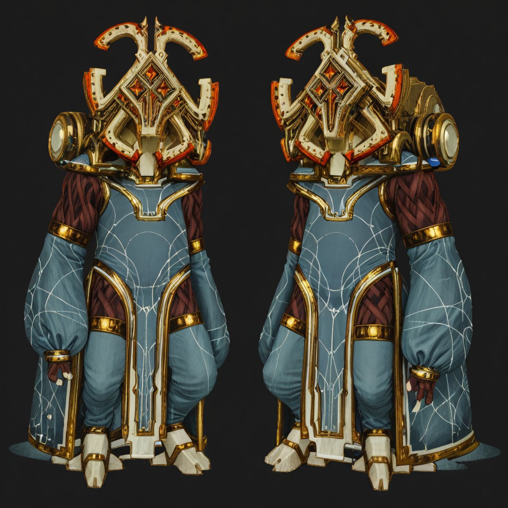 smile, helmet, hooves, robe, black background, 1other, full body, standing, tabard, colored sclera, boots