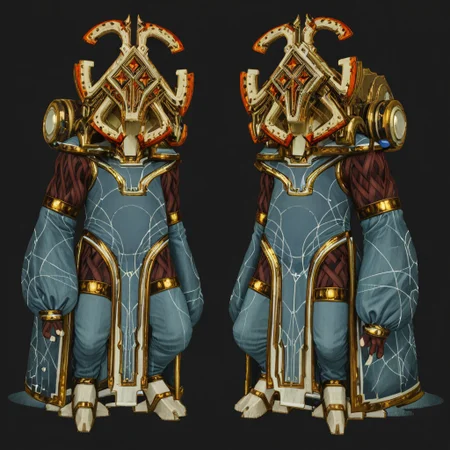 smile, helmet, hooves, robe, black background, 1other, full body, standing, tabard, colored sclera, boots
