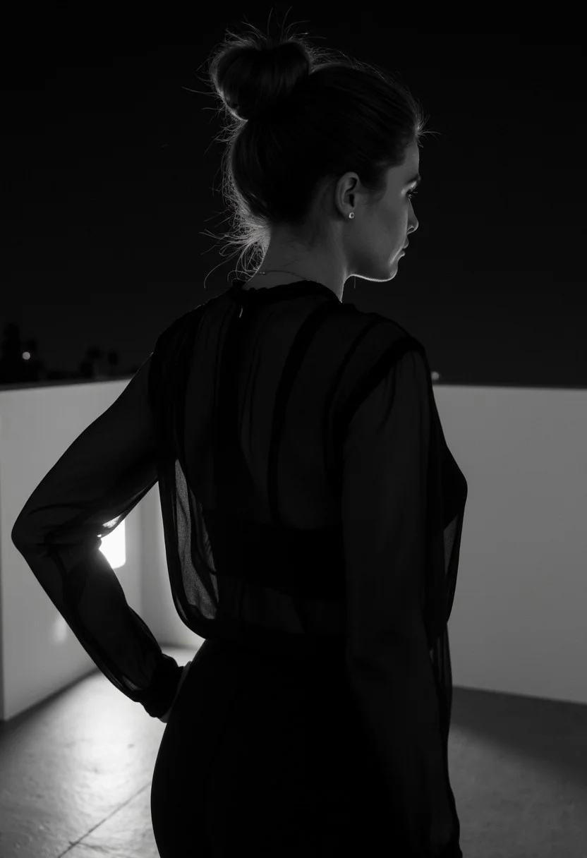 A freckled Scandinavian woman with brunette hair in a bun, wearing a sheer black blouse that subtly reveals her form. She stands on a modern terrace at night, surrounded by darkness with no lights. The image is in black and white, highlighting her silhouette against the shadowy scene, creating a quiet and intimate atmosphere