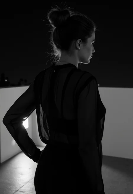 A freckled Scandinavian woman with brunette hair in a bun, wearing a sheer black blouse that subtly reveals her form. She stands on a modern terrace at night, surrounded by darkness with no lights. The image is in black and white, highlighting her silhouette against the shadowy scene, creating a quiet and intimate atmosphere