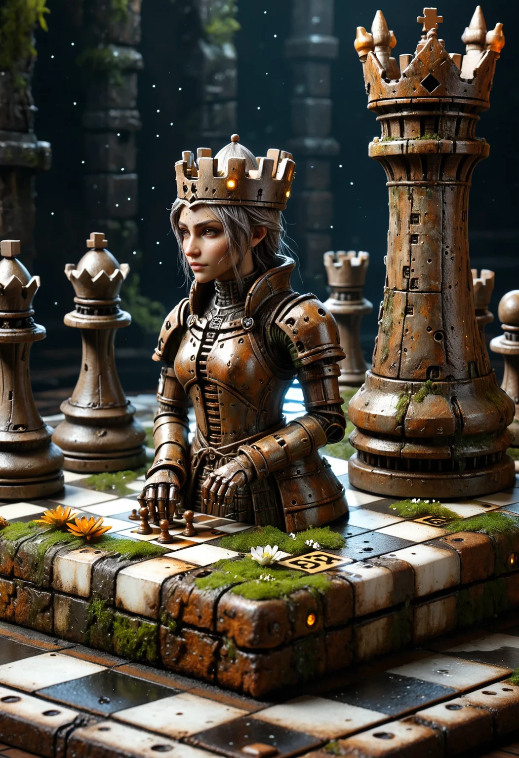 miniature rogue chess piece, half translucent rusty metal, cybernetic threads, blooming entropy, silver particles, fiber optics, chest, underground tavern weathered chess board environment, medieval fantasy art
<lora:dvr-swr:0.8> dvr-swr