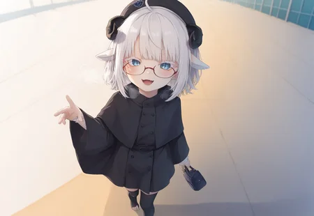 safe_pos, score_9, score_7_up,detailed face, (LOLIt*), lineart, (kedama style), shiny skin, breath, ear blush,
(((perspective,depth_of_field))), (airport),
(from above), (close-up), detailed line, (eye focus), ((looking up)),
BREAK

(((sheep ears))), see-through black cloak, ((pink lips)),

((pigeon-toed)), (toeless_legwear thighhighs),
(lace-trimmed gloves), looking at viewer, black clothes, beret, glasses, (white eyelashes),
blue eyes with reflection, ear blush, ((:o)), slit pupils, crystal,  
small breasts, cleavage, lips, fangs, (furrowed brow), mesugaki,
white hair, messy hair, [medium hair], [black curled horns], (bare shoulders),