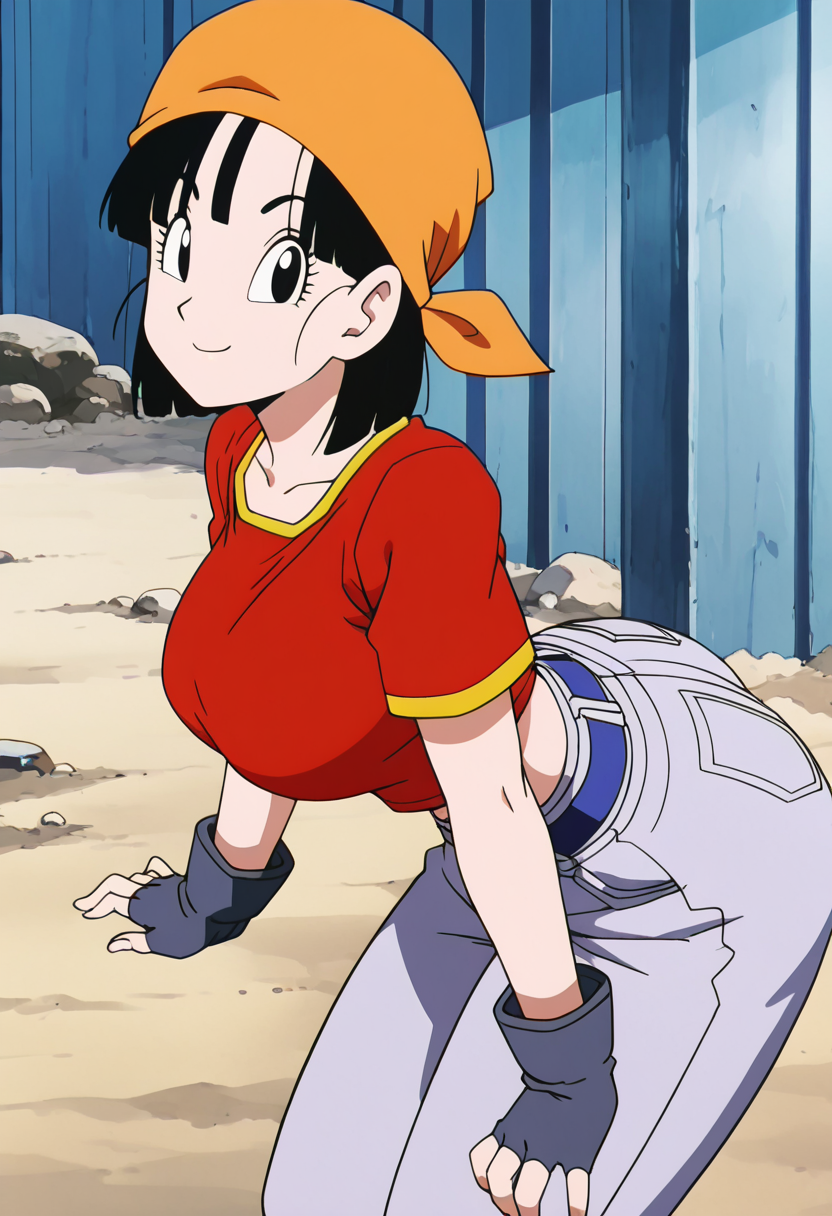 masterpiece, best quality, solo, curvy, beautiful eyes, aged up, large breasts, narrow waist, wide hips, 1girl, solo, smile, looking at viewer, foreshortening, close up,    zzPan, black hair, short hair,  bandana, fingerless gloves, red shirt, denim jeans,   ,<lora:PanDBGT_IXL:1.0>,side view, ass, leaning forward, cowboy shot, smile, looking at viewer, shiny skin,
