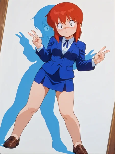masterpiece, best quality, amazing quality, absurdres, newest, dynamic_angle, defined facial features, white background,
<lora:4in1_OMAN-AWAKE_ILv1a:0.8> oman-redhead, blue blazer, blue neck ribbon, white collared shirt, blue skirt, looking at viewer, head tilt, red hair, full body, cute pose, v:1.5, looking at viewer, anime screencap, aged up:1.8 medium breasts, mature female:1.2, tall female