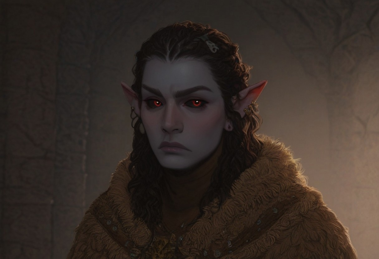 solo, short pointy ears, piercings, random elf face, aquiline features, male dark elf, masculine, beard, weathered skin, large nose, athletic build,  animated realism, zoomed out, Syrian features, torso, brass pipes and gears, intricate architecture, dwarven masonry, dwemer fixtures, white-green light, gloomy lighting, ancient ruins, interior, stone tiled floor, grey-blue skin, mahogany and ivory clothes, medium armor, bone plate armor, ivory straps and fittings, grey wood neckguard, dark red sclera, black pupils, distant mushroom forest, blue-green light, neon, highly detailed, defined features, looking at viewer, three quarters view, from front, dynamic lighting, 56 years old, light and shadows, patterned cloth, annoyed expression, expressive eyes, detailed medieval clothes, long hair, wavy hair, thick hair, beaded hair, braided hair, under cut hair, semirealistic, alien elf, spanish features, jewish features, black hair, dark red hair, umber skin, sharp features, pastel green berber print cloak, nighttime, high detail, absurdres, pretty eyes, detailed eyes, red eyes,