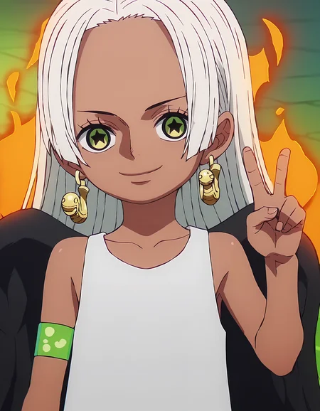score_9, score_8_up, score_7_up, score_6_up, score_5_up, score_4_up, <lora:Ssnake_T0V0:0.90>,
1girl, solo, source_anime, anime screencap, 
Ssnake_T0V0, child, dark-skinned female, white hair, long hair, forehead, green eyes, eyelashes, 
earrings, jewelry, black wings, single armlet, 
white dress, collarbone, bare shoulders, 
hand up, v, 
looking at viewer, smile, closed mouth, 
upper body, fire,