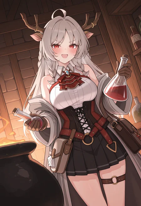 highres, best quality, masterpiece, indoors,
1girl, solo, pcrlsmr, long hair, grey hair, brown hair, twin braids, red eyes, deer ears, antlers, horn ring, ahoge,
plsmdef, grey jacket, coat, off-shoulder, open jacket, sleeveless, bare shoulders, white shirt, collared shirt, red ascot, frilled ascot, black corset, red corset, brown gloves, black skirt, pleated skirt, belt, thigh strap, shoulder bag, bottle,
blush, smile, serious,
standing, dutch angle, open mouth, holding flask, looking at viewer,
cauldron,
<lora:_louise_marie_pcr-elesico-ilxlA:1>