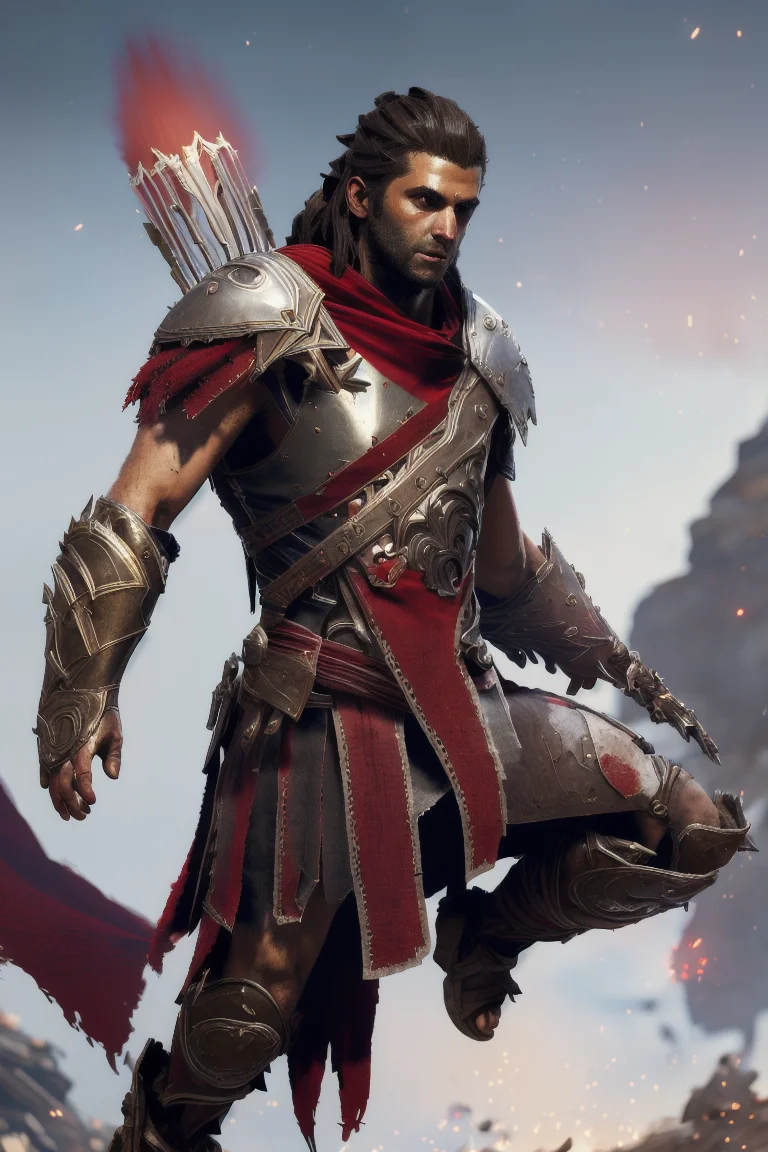 alexios in spartan armor and red cape, (jumping:1.2), cinematic, atmospheric, light particles, bokeh, soft lighting, (digital art by Martin Deschambault:1.5) <lora:Nlo_Alexios_v1:0.8>