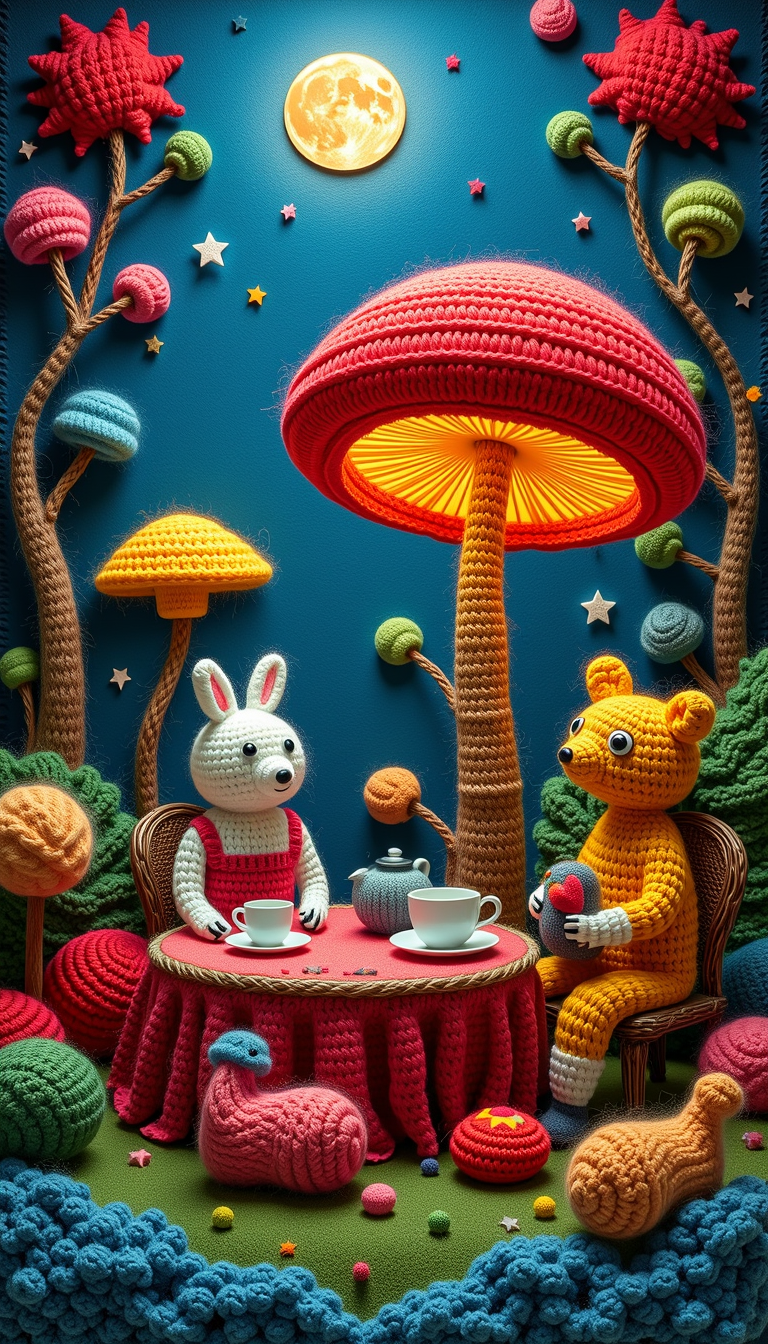 Made out of wool a Surrealist painting of a whimsical tea party, featuring humans and anthropomorphic animals, sitting in a lush, glowing mushroom circle, under the bright moonlight, with a robotic pet, expressing human emotions, vibrant colors, soft brush strokes, detailed background, magical atmosphere, dreamlike