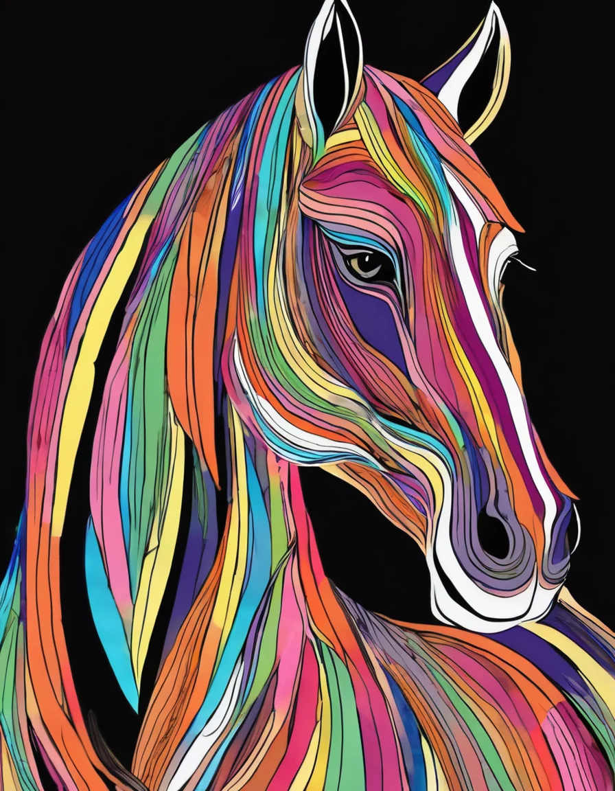 colorful, horse, simple background, black background, white outline, animal focus, LineWork, dramatic, romantic, progressive, elegant, intricate, highly detailed,,,, very inspirational, beautiful, delicate, composed, colorful, sharp, balance, artistic, illuminated, incredible, creative, positive, joyful, unique, loving, pure, attractive, emotional, majestic
 <lora:LineWork-000005:1>
