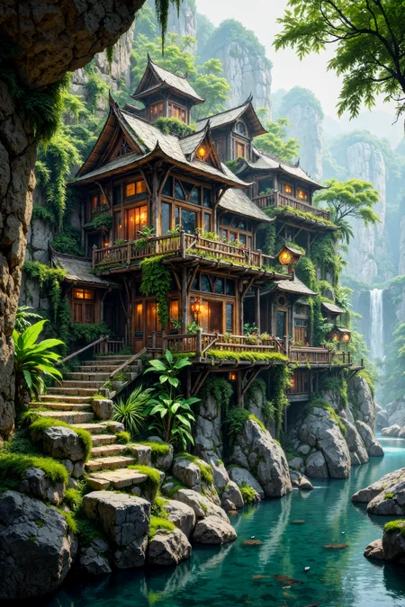 Envision a secluded Southeast Asian river canyon, its rugged cliffside gradually giving way to lush greenery and vibrant tropical plants. In this tranquil setting, a beautifully crafted bamboo village emerges, showcasing an intricate array of multi-tiered houses connected by worn wooden bridges and weathered stone pathways.
As the eye travels through the scene, it becomes clear that each building has been meticulously designed with traditional architectural elements, blending seamlessly into the natural surroundings. Delicate moss covers the stone foundations and wooden supports, while lush greenery cascades down the sides of the structures like an emerald waterfall.
A soft, ethereal mist envelops the village, imbuing it with a dreamlike quality that seems almost otherworldly. The air is filled with the warm glow of red lanterns, carefully placed on each building to create a sense of cozy intimacy. These gentle torches seem to dance in the flickering light of the setting sun, casting long shadows across the stone and wood surfaces.
In the distance, calm waters lap against the riverbanks, their reflection perfectly mirrored in the tranquil pool of water that mirrors the serene village. This surreal setup transports the viewer to a world where human ingenuity harmoniously coexists with nature's splendor, inviting them to immerse themselves in the timeless tranquility and enchantment of this mystical place. <lora:Artistic realism V2:0.40> <lora:flux_realism_lora:0.20> <lora:VividlySurrealV2_993980:0.40>