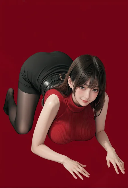 1girl,solo,red background,ruanyi0892,,belt,black pantyhose,high-waist skirt,sleeveless sweater,red sweater,all fours,full body,looking at viewer,from behind,bent over,ass,kneeling,<lora:0892 Home wear_v1_pony:1>, score_9, score_8_up, score_7_up, score_6_up, score_9, score_8_up, score_7_up, score_6_up source_anime, blush, 1girl, seduce smile, perfect body , natural huge breasts