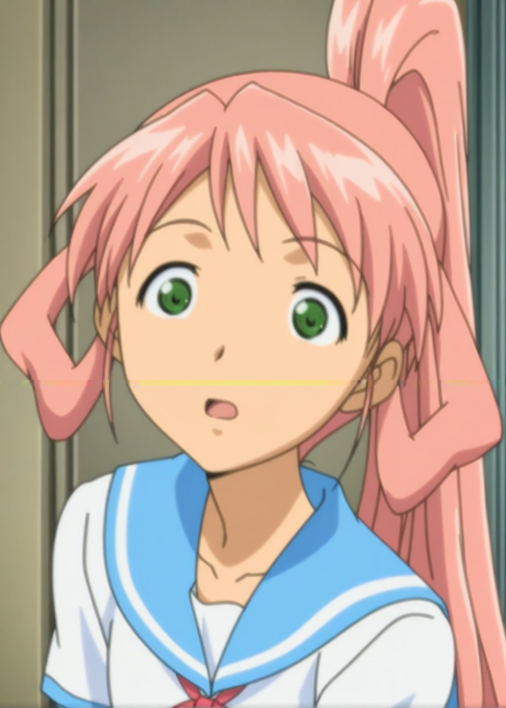 <lora:Seri_Illustrious_from_Jinkou_Shoujo_Henshin_Sex_Android:1>,Seri,Anime screencap,anime coloring,1 girl,pink hair,hair wheel,school uniform,standing,(open eyes:1.3),green eyes,