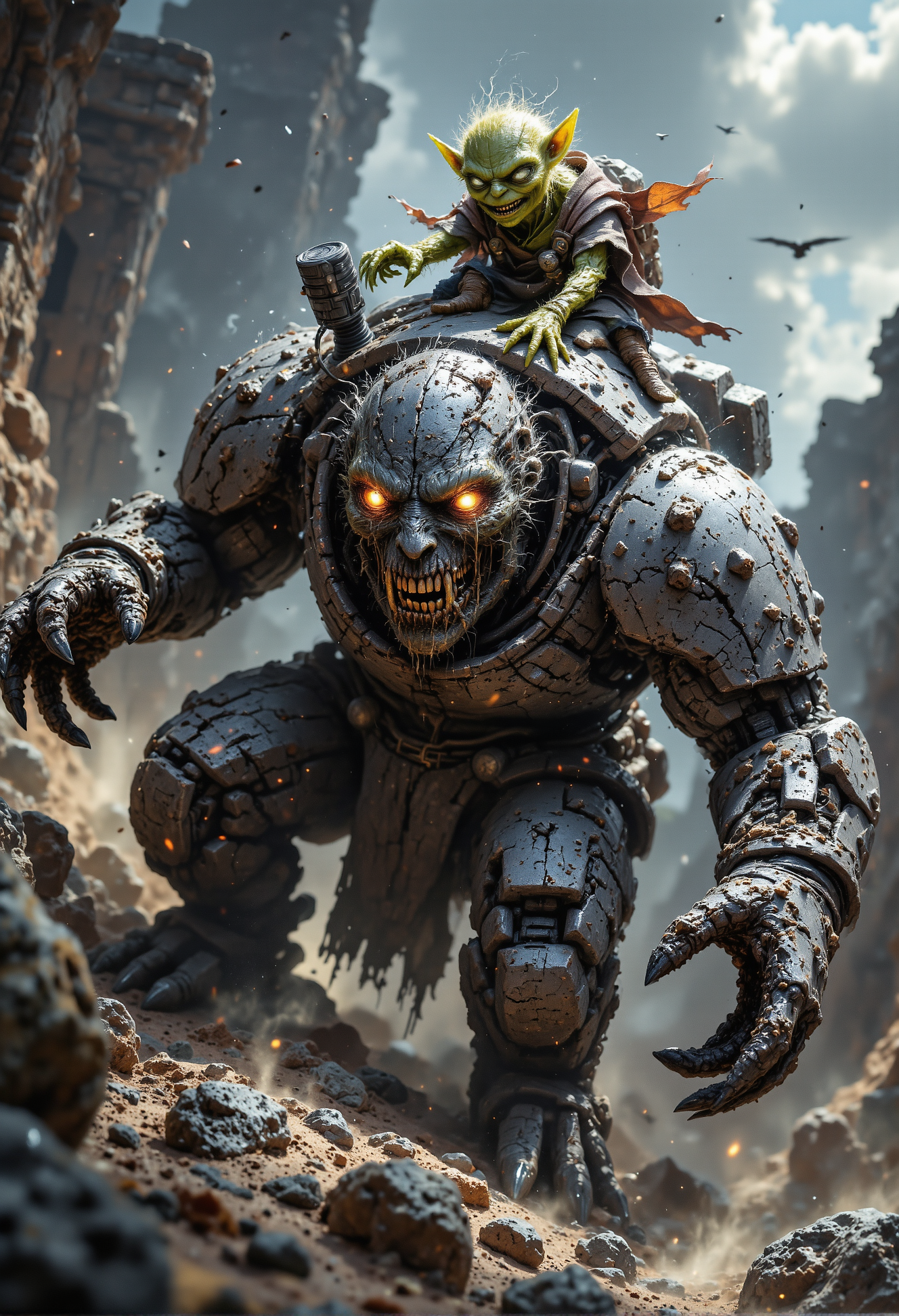 A vivid and dynamic scene featuring a small, mischievous goblin perched on the massive shoulders of a towering stone golem. The goblin, with bright green skin, spiked ears, and a pair of cracked goggles, flashes a wide, sinister grin that radiates cunning and malice. He clutches crude, makeshift controls connected to the golemâs back, commanding the hulking creature. The golem, composed of jagged stone and etched with faint glowing runes, appears lifeless, its hollow eyes betraying its state of soulless subjugation. The setting is a rugged, desolate landscape, with dust swirling in the air, amplifying the ominous tone of their unlikely pairing. <lora:aidmaFLUXPro1.1-FLUX-v0.3.safetensors:1.0>,  <lora:MysticFantasy.safetensors:0.5>, <lora:black_fantasy.safetensors:0.5>,