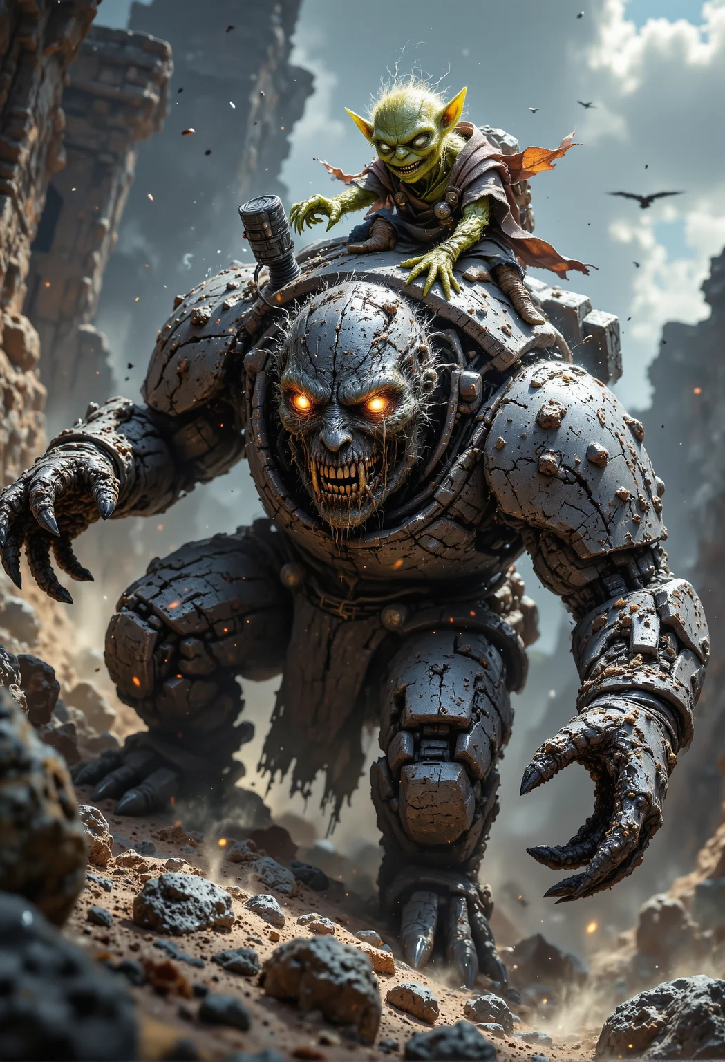 A vivid and dynamic scene featuring a small, mischievous goblin perched on the massive shoulders of a towering stone golem. The goblin, with bright green skin, spiked ears, and a pair of cracked goggles, flashes a wide, sinister grin that radiates cunning and malice. He clutches crude, makeshift controls connected to the golemâs back, commanding the hulking creature. The golem, composed of jagged stone and etched with faint glowing runes, appears lifeless, its hollow eyes betraying its state of soulless subjugation. The setting is a rugged, desolate landscape, with dust swirling in the air, amplifying the ominous tone of their unlikely pairing. <lora:aidmaFLUXPro1.1-FLUX-v0.3.safetensors:1.0>, <lora:MysticFantasy.safetensors:0.5>, <lora:black_fantasy.safetensors:0.5>,