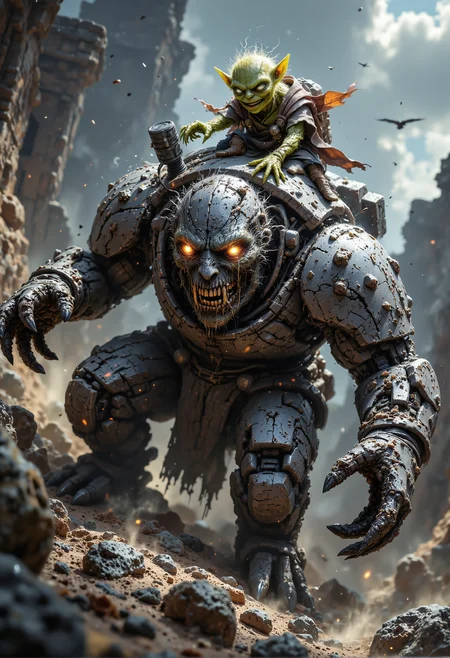 A vivid and dynamic scene featuring a small, mischievous goblin perched on the massive shoulders of a towering stone golem. The goblin, with bright green skin, spiked ears, and a pair of cracked goggles, flashes a wide, sinister grin that radiates cunning and malice. He clutches crude, makeshift controls connected to the golemâs back, commanding the hulking creature. The golem, composed of jagged stone and etched with faint glowing runes, appears lifeless, its hollow eyes betraying its state of soulless subjugation. The setting is a rugged, desolate landscape, with dust swirling in the air, amplifying the ominous tone of their unlikely pairing. <lora:aidmaFLUXPro1.1-FLUX-v0.3.safetensors:1.0>, <lora:MysticFantasy.safetensors:0.5>, <lora:black_fantasy.safetensors:0.5>,