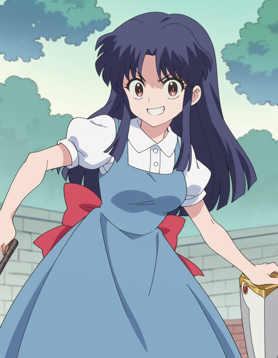 score_9, score_8_up, score_7_up, source_anime, <lora:akane-tendou-s1-ponyxl-lora-nochekaiser:1>, akane tendou, long hair, black hair, brown eyes, blue hair, sidelocks, medium breasts, anime screencap,, school uniform, pinafore dress, short sleeves, collared shirt, puffy sleeves, blue dress,, armory, weapons, armor, storage racks, military, smile, leaning forward,, looking at viewer, solo,, dutch angle, cowboy shot