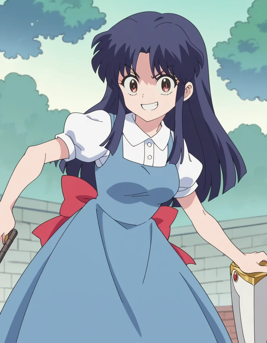 score_9, score_8_up, score_7_up, source_anime, <lora:akane-tendou-s1-ponyxl-lora-nochekaiser:1>, akane tendou, long hair, black hair, brown eyes, blue hair, sidelocks, medium breasts, anime screencap,, school uniform, pinafore dress, short sleeves, collared shirt, puffy sleeves, blue dress,, armory, weapons, armor, storage racks, military, smile, leaning forward,, looking at viewer, solo,, dutch angle, cowboy shot