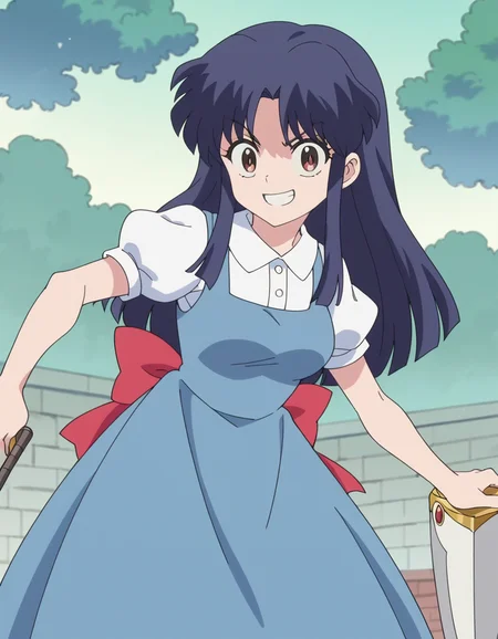 score_9, score_8_up, score_7_up, source_anime, <lora:akane-tendou-s1-ponyxl-lora-nochekaiser:1>, akane tendou, long hair, black hair, brown eyes, blue hair, sidelocks, medium breasts, anime screencap,, school uniform, pinafore dress, short sleeves, collared shirt, puffy sleeves, blue dress,, armory, weapons, armor, storage racks, military, smile, leaning forward,, looking at viewer, solo,, dutch angle, cowboy shot