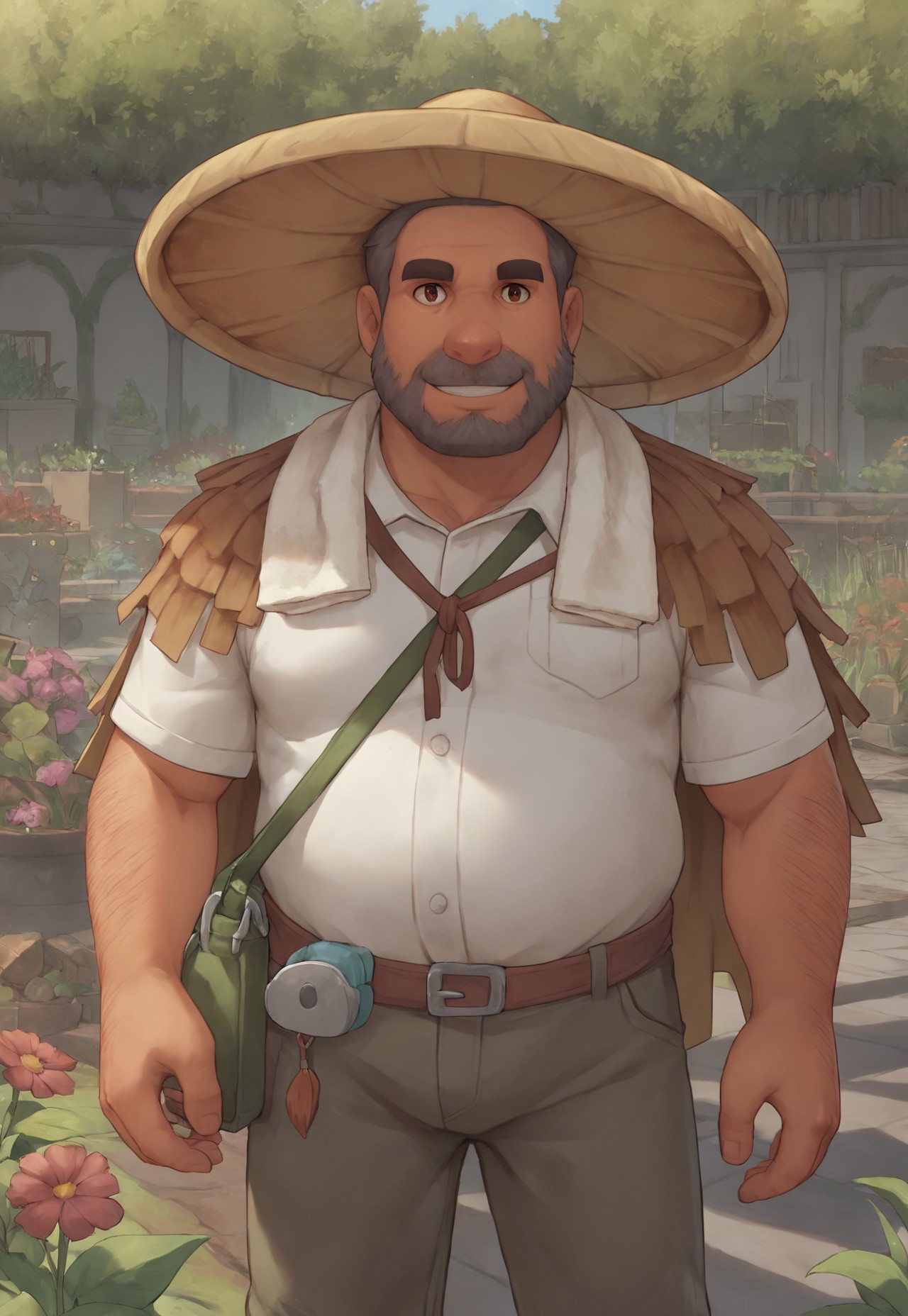 score_9, score_8_up, source_anime, cartoon, Zeke, beard, facial hair, grey hair, brown eyes, straw hat, straw cape, towel, satchel, fat, muscular, hairy, garden, front view, smile, looking at viewer,