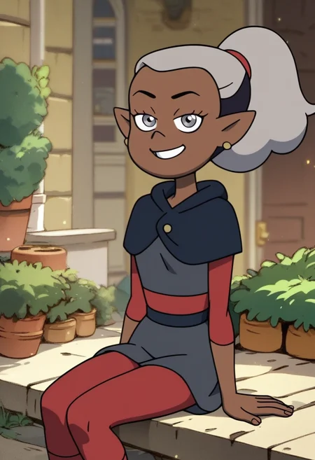 score_9, score_8_up, score_7_up, score_6_up, score_5_up, 1girl, solo,
masterpiece, best quality, absurdes,
<lora:Skara (The Owl House) (Pony):0.9>
Skara_Owl_House, dark-skinned female, silver eyes, ponytail, multicolored hair, white hair, black hair,
gray shirt, gray skirt, red sleeves, red leggings,
grin, smile,
outdoors, looking at viewer, 3/4 angle,
<lora:Expressive_H:0.7> Expressiveh,
<lora:add-detail-xl:0.9>
 <lora:light:1> neolight